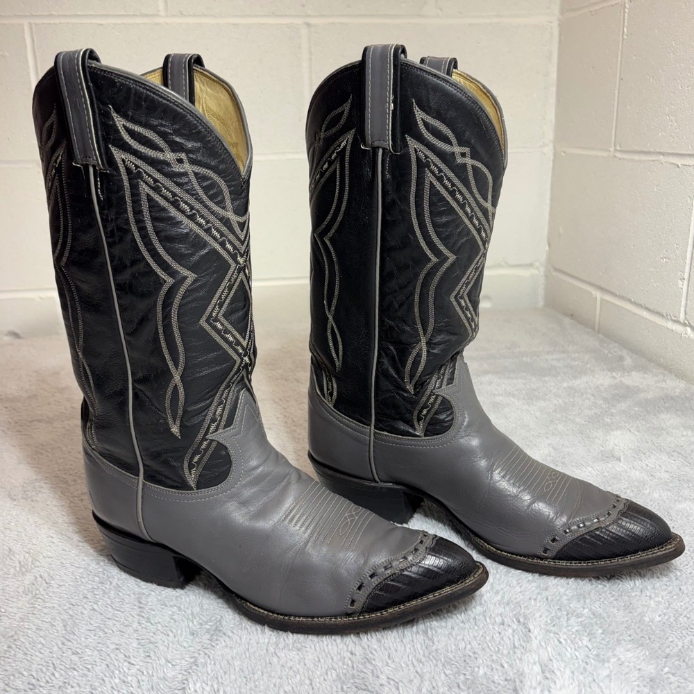 Tony Lama Cowboy Boots Mens 9 D Grey Black Leather Western Wingtip USA Vintage